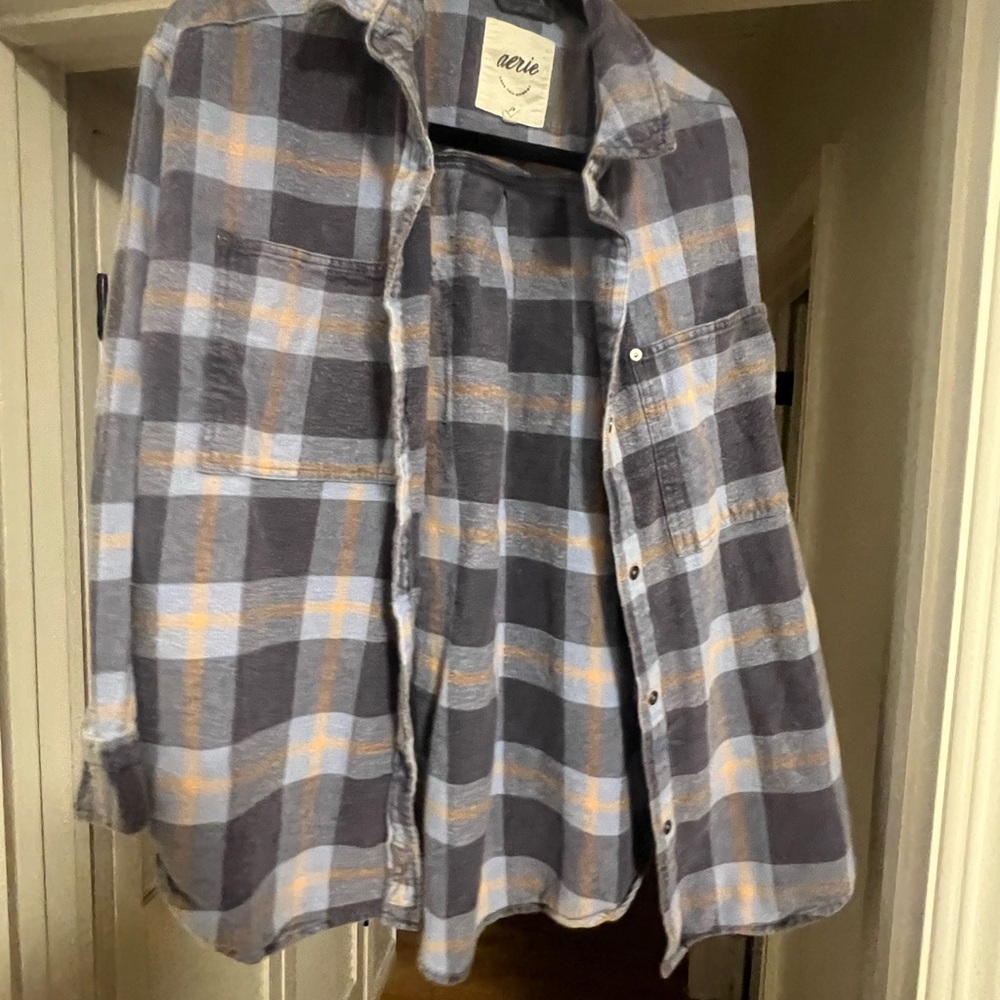 Aerie Gray and Blue Casual Button Down Shirt